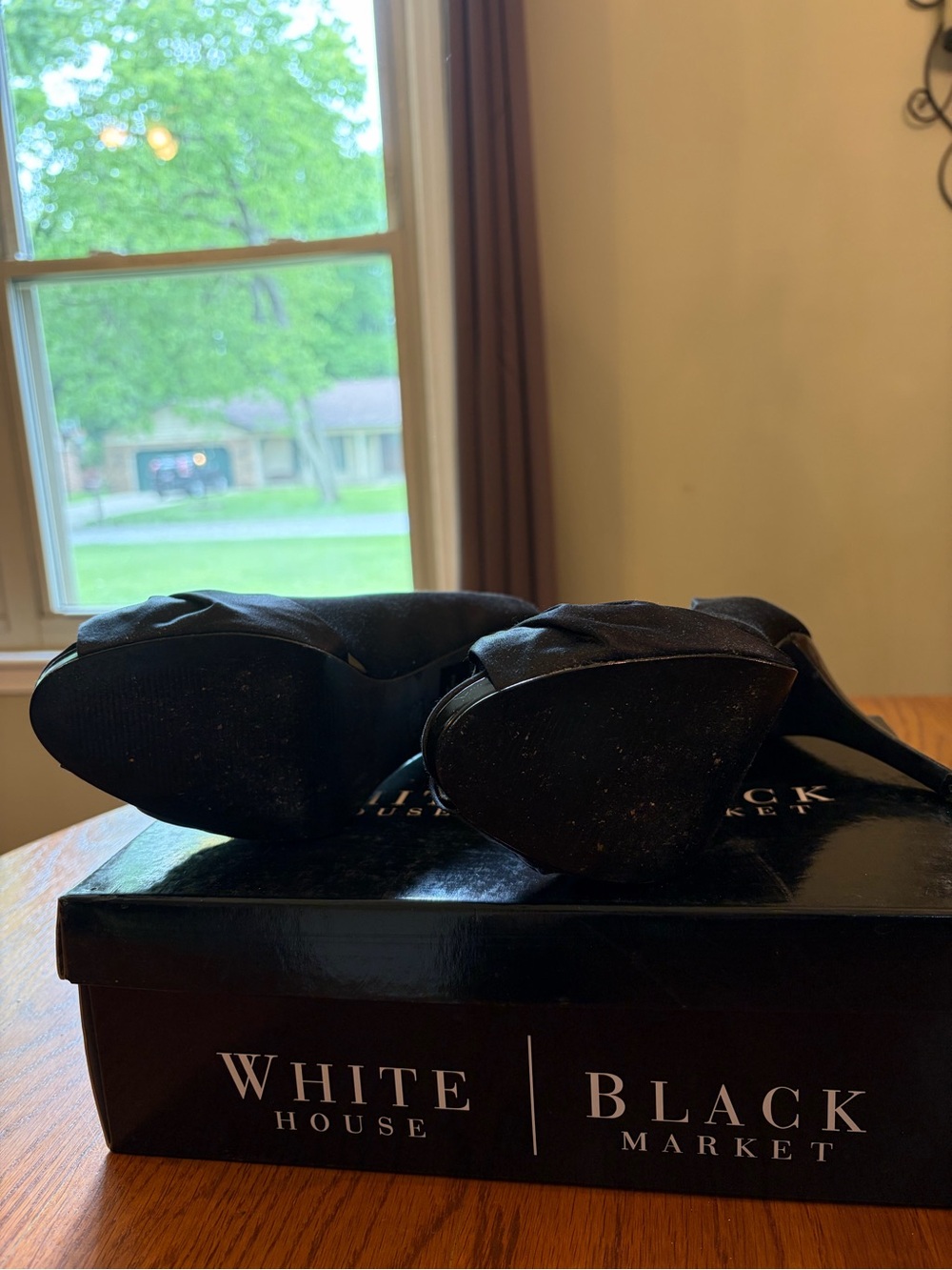 White House Black Market Black Suede Peep-Toe Knot Heels - Picture 6 of 6